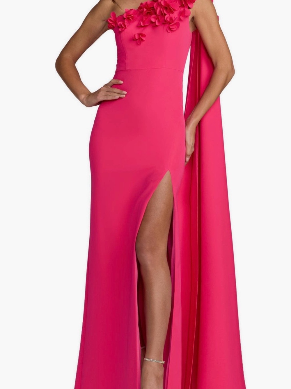 Ienna for Mac Duggal Pink One-Shoulder Gown with Floral Appliqué and High Slit